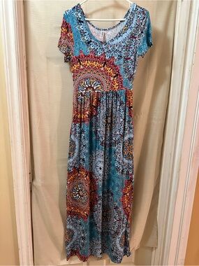 Mosaic Mandala Boho Maxi Dress Small Stretch Rayon Short Sleeve Festival